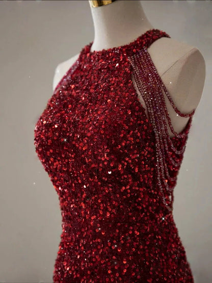 Burgundy Mermaid Sequin Prom Dress Sparkle Evening Gown  P1400