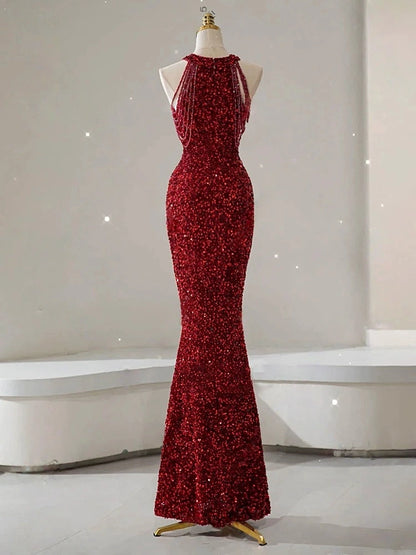 Burgundy Mermaid Sequin Prom Dress Sparkle Evening Gown  P1400