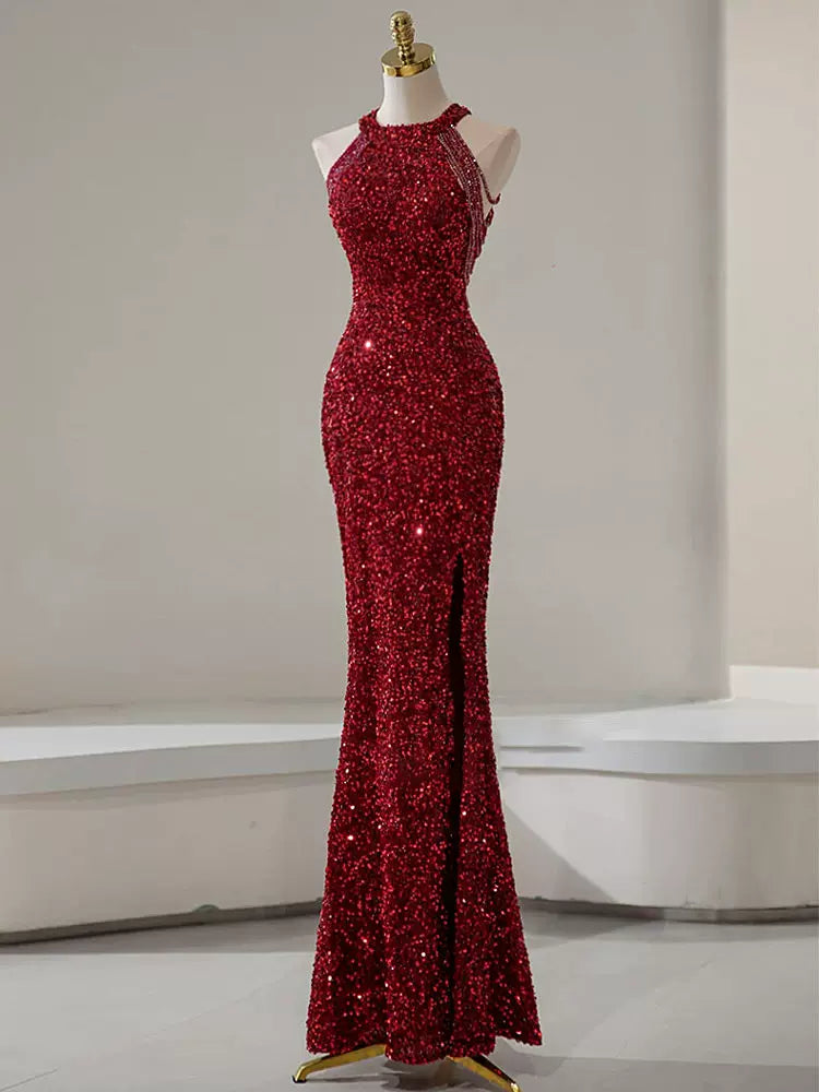 Burgundy Mermaid Sequin Prom Dress Sparkle Evening Gown  P1400