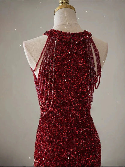 Burgundy Mermaid Sequin Prom Dress Sparkle Evening Gown  P1400