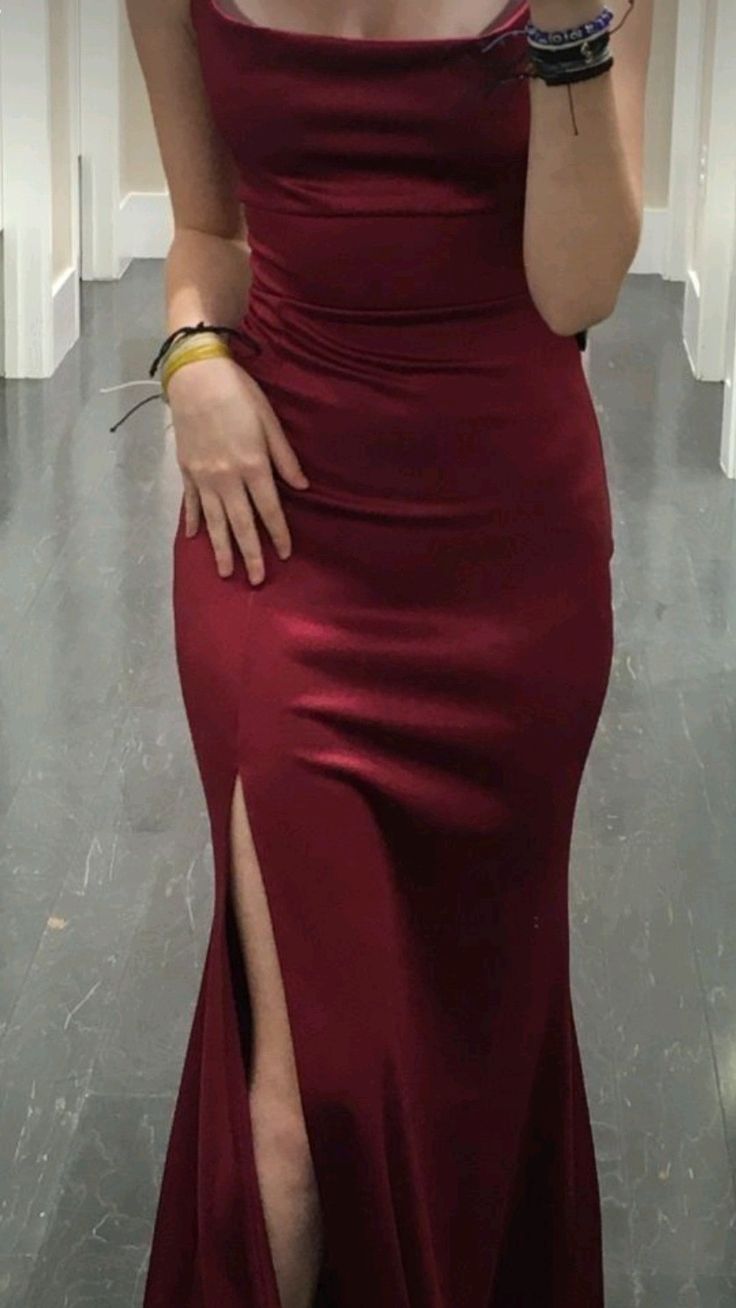Burgundy Mermaid Stain Formal Prom Dress With Slit  P2125