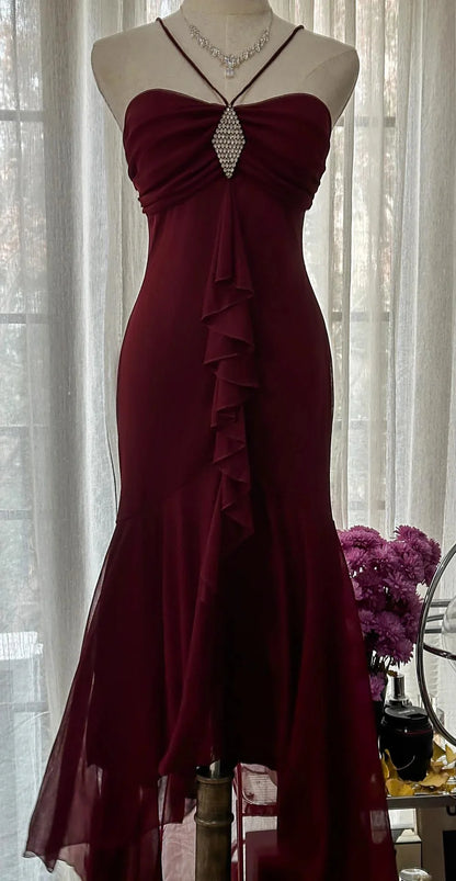 Burgundy Mermaid Strapless Chiffon Prom Dress Ruffled Graduation Prom Dress  P894