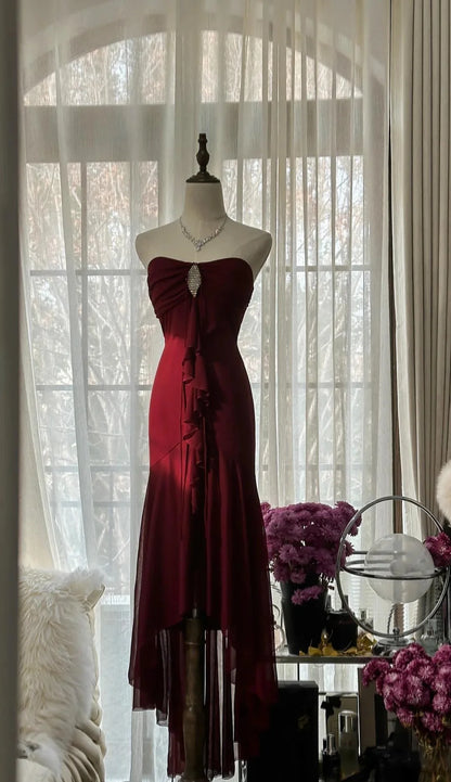 Burgundy Mermaid Strapless Chiffon Prom Dress Ruffled Graduation Prom Dress  P894
