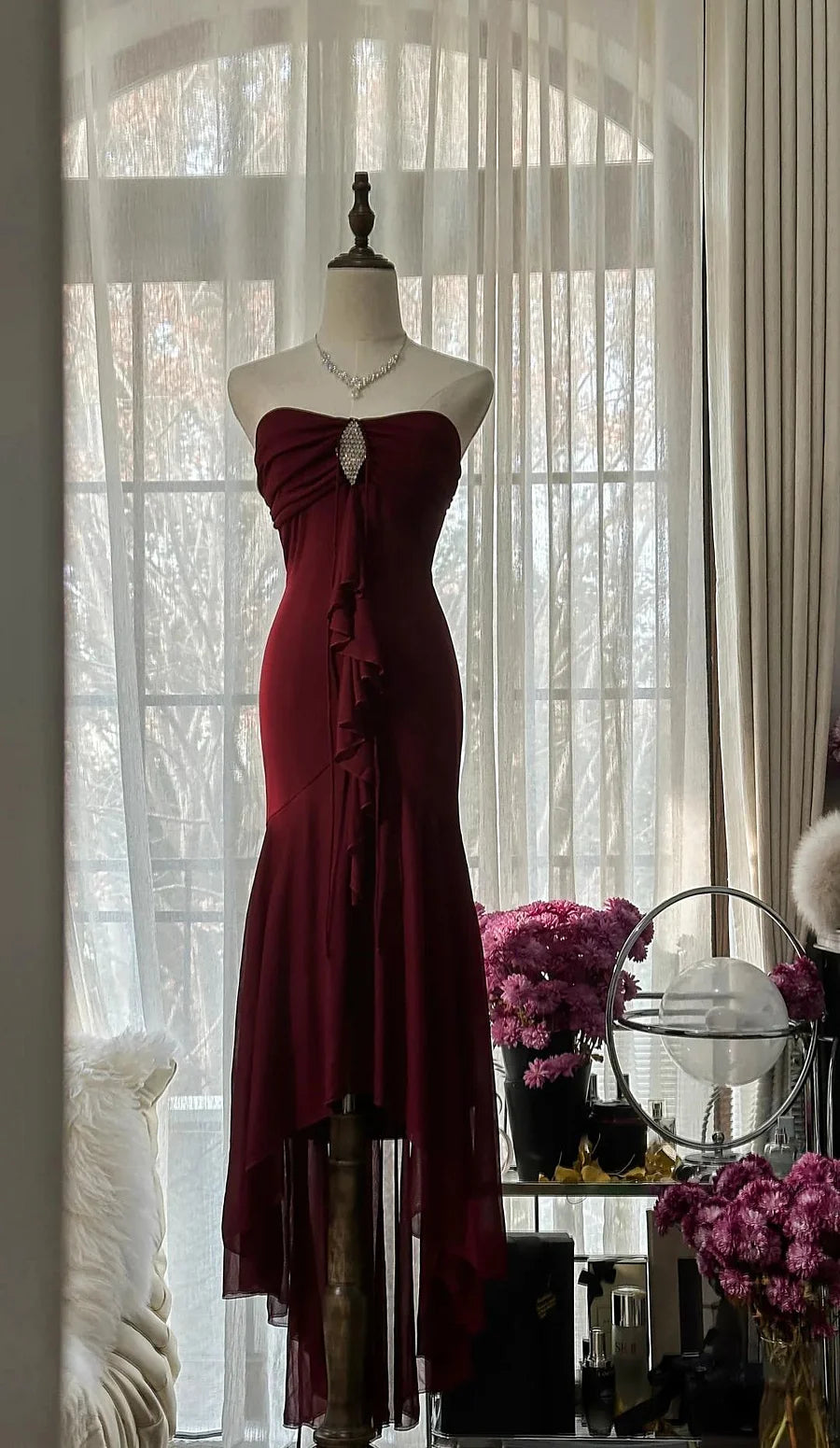 Burgundy Mermaid Strapless Chiffon Prom Dress Ruffled Graduation Prom Dress  P894