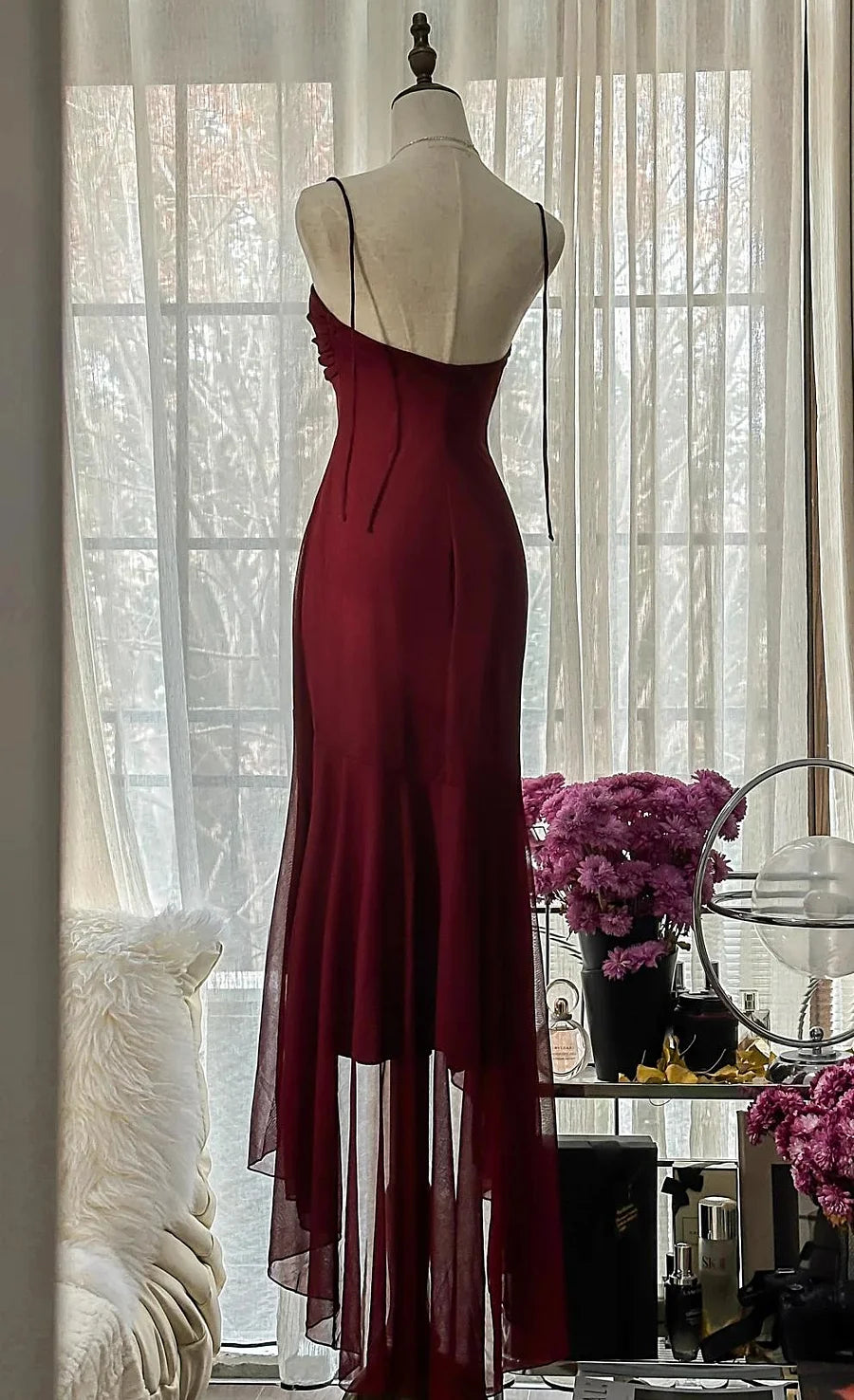 Burgundy Mermaid Strapless Chiffon Prom Dress Ruffled Graduation Prom Dress  P894