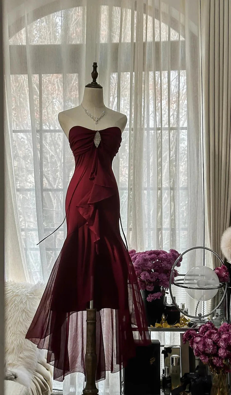 Burgundy Mermaid Strapless Chiffon Prom Dress Ruffled Graduation Prom Dress  P894