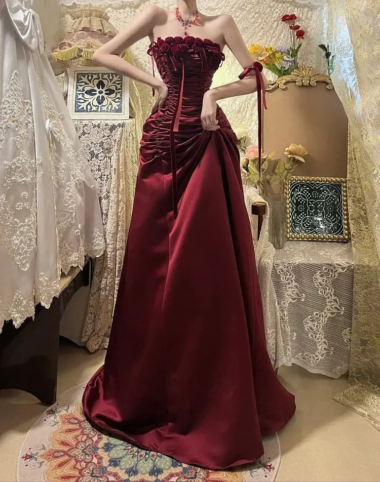 Burgundy Retro Floral Long Prom Dress Birthday Dress  P1175