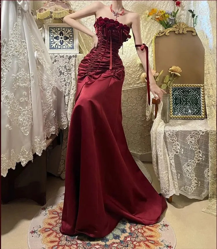 Burgundy Retro Floral Long Prom Dress Birthday Dress  P1175