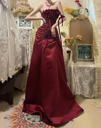 Burgundy Retro Floral Long Prom Dress Birthday Dress  P1175