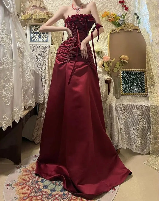 Burgundy Retro Floral Long Prom Dress Birthday Dress  P1175