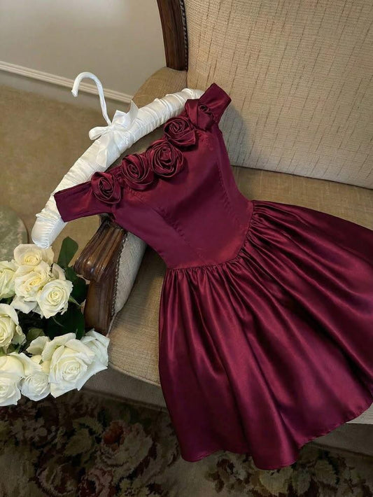 Burgundy Satin A Line Mini Birthday Outfits Short Homecoming Dress  P2193