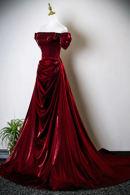 Burgundy Satin Long Prom Dress Off The Shoulder Evening Party Dress  P660