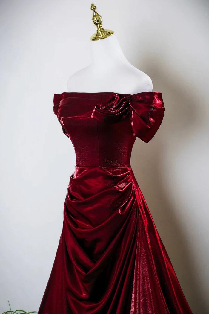 Burgundy Satin Long Prom Dress Off The Shoulder Evening Party Dress  P660