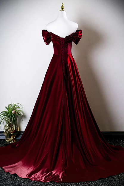 Burgundy Satin Long Prom Dress Off The Shoulder Evening Party Dress  P660