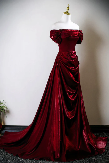 Burgundy Satin Long Prom Dress Off The Shoulder Evening Party Dress  P660