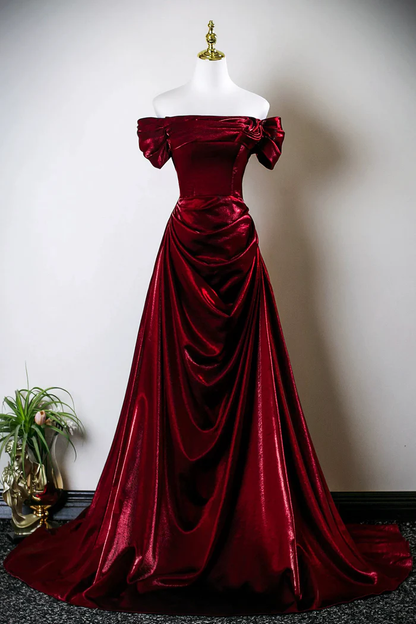 Burgundy Satin Long Prom Dress Off The Shoulder Evening Party Dress  P660