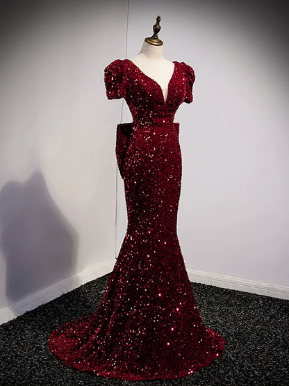 Burgundy Sequin Mermaid Evening Dress with Bow  P1245