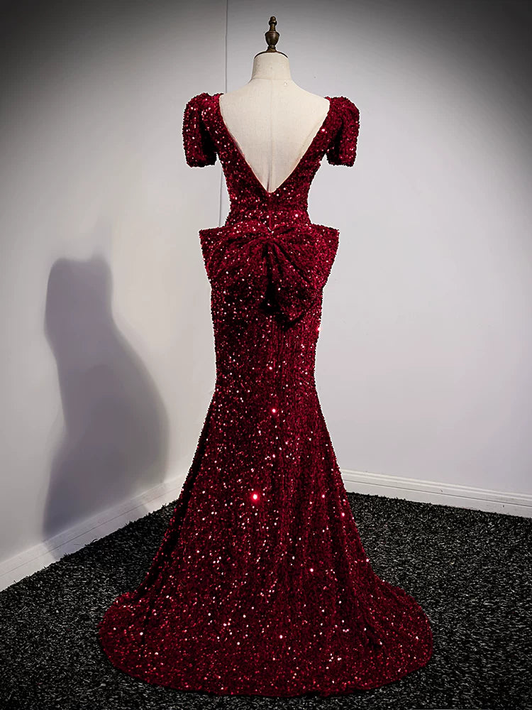 Burgundy Sequin Mermaid Evening Dress with Bow  P1245