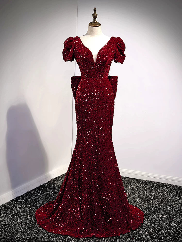 Burgundy Sequin Mermaid Evening Dress with Bow  P1245