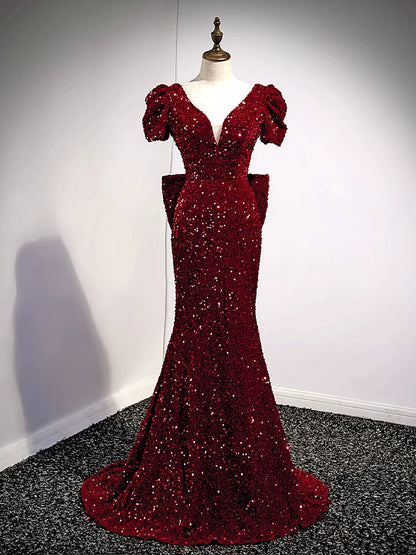 Burgundy Sequin Mermaid Evening Dress with Bow  P1245
