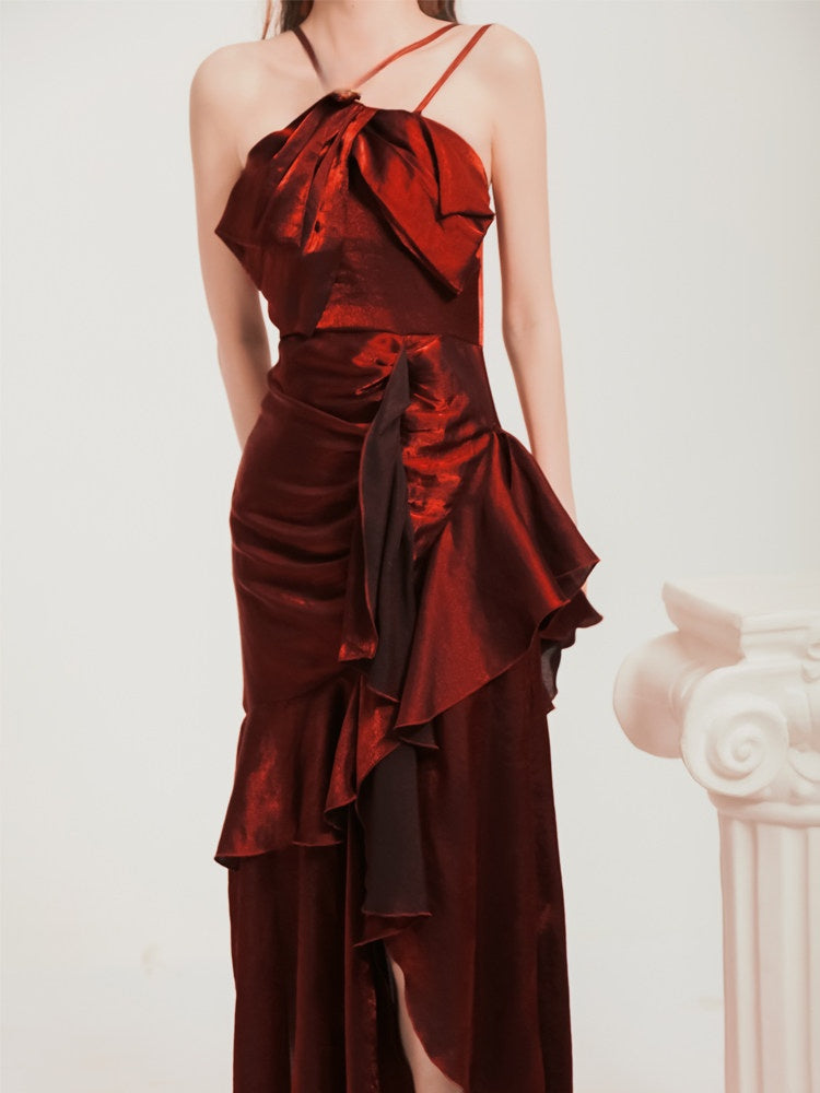 Burgundy Sheath Ruffled Prom Dress Formal Party Dress  P780