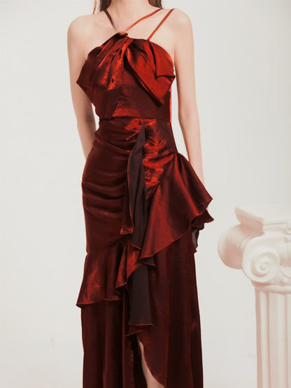 Burgundy Sheath Ruffled Prom Dress Formal Party Dress  P780