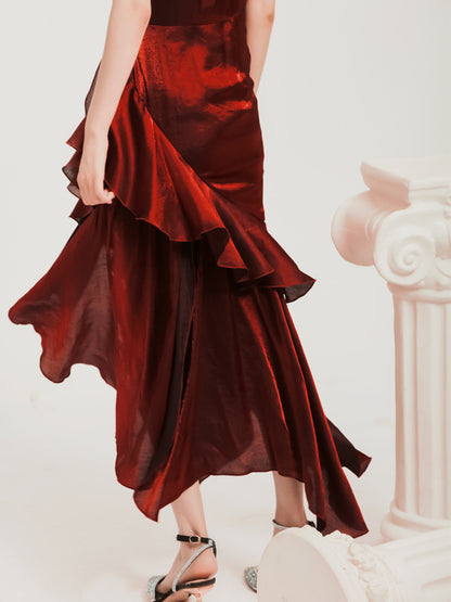 Burgundy Sheath Ruffled Prom Dress Formal Party Dress  P780