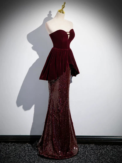 Burgundy Sheath Velvet Sequin Evening Dress   P1247