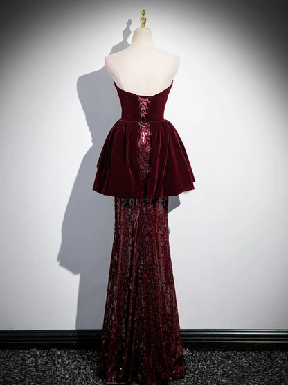 Burgundy Sheath Velvet Sequin Evening Dress   P1247