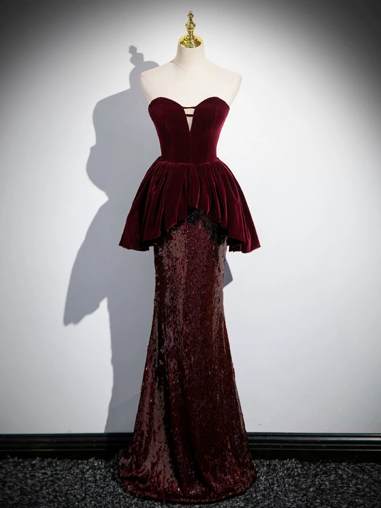 Burgundy Sheath Velvet Sequin Evening Dress   P1247