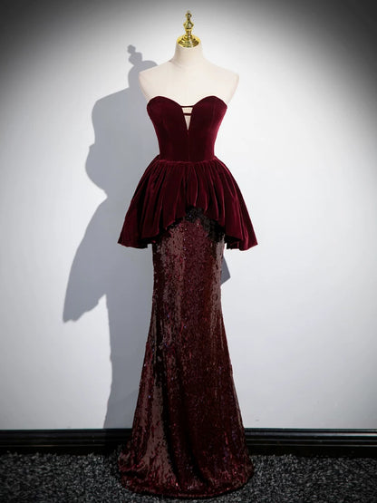 Burgundy Sheath Velvet Sequin Evening Dress   P1247