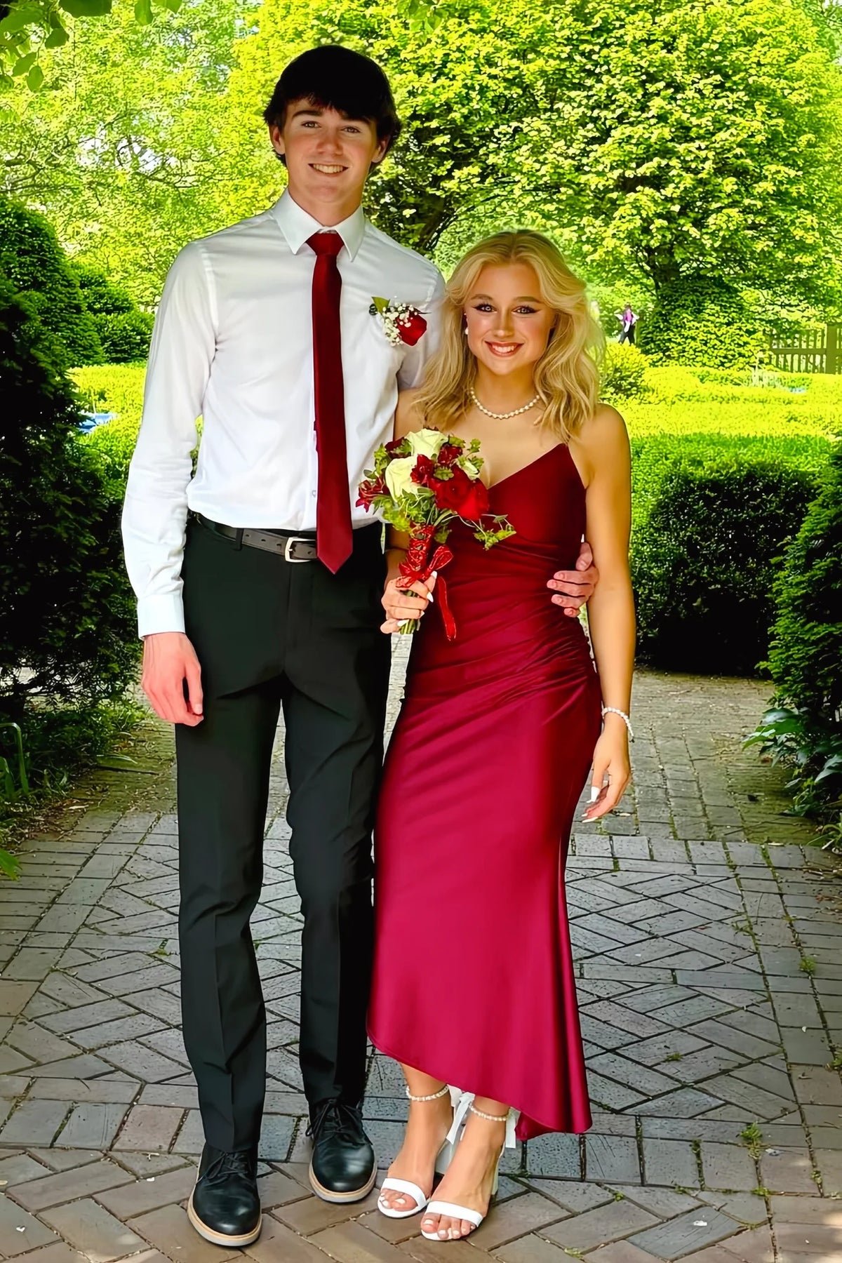 Burgundy Spaghetti Straps Asymmetric Hem Long Dress  P2547