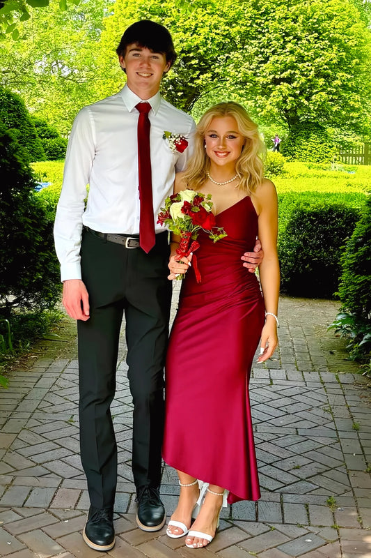 Burgundy Spaghetti Straps Asymmetric Hem Long Dress  P2547