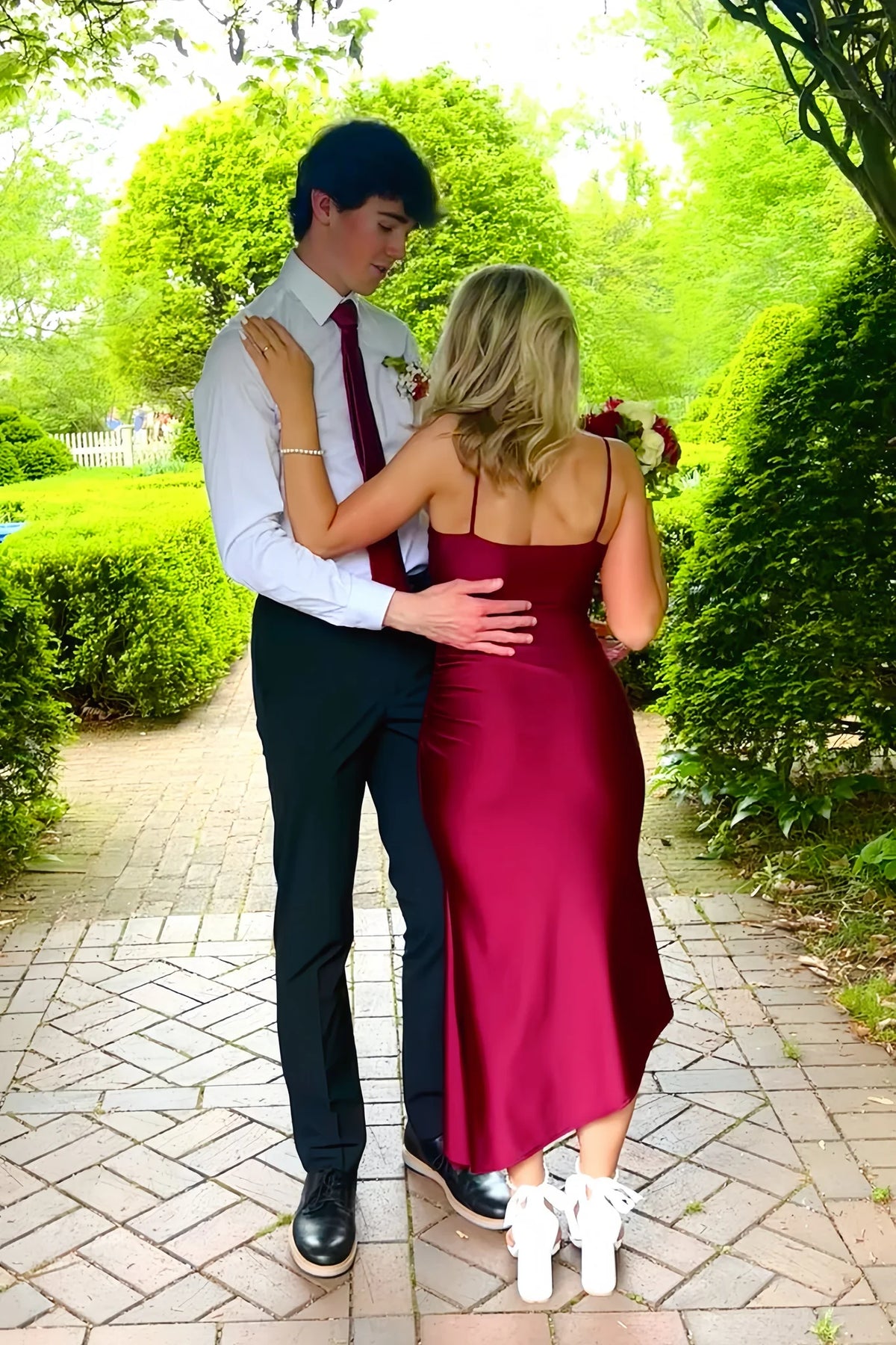 Burgundy Spaghetti Straps Asymmetric Hem Long Dress  P2547