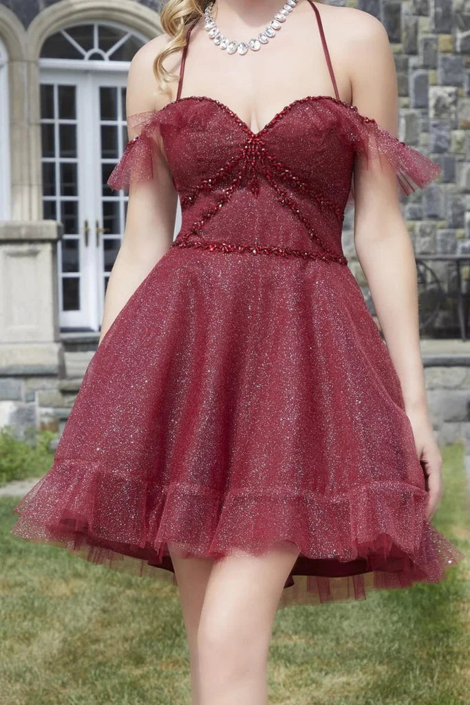 Burgundy Sparkle Tulle Homecoming Dresses Beaded Short Dress  P2318