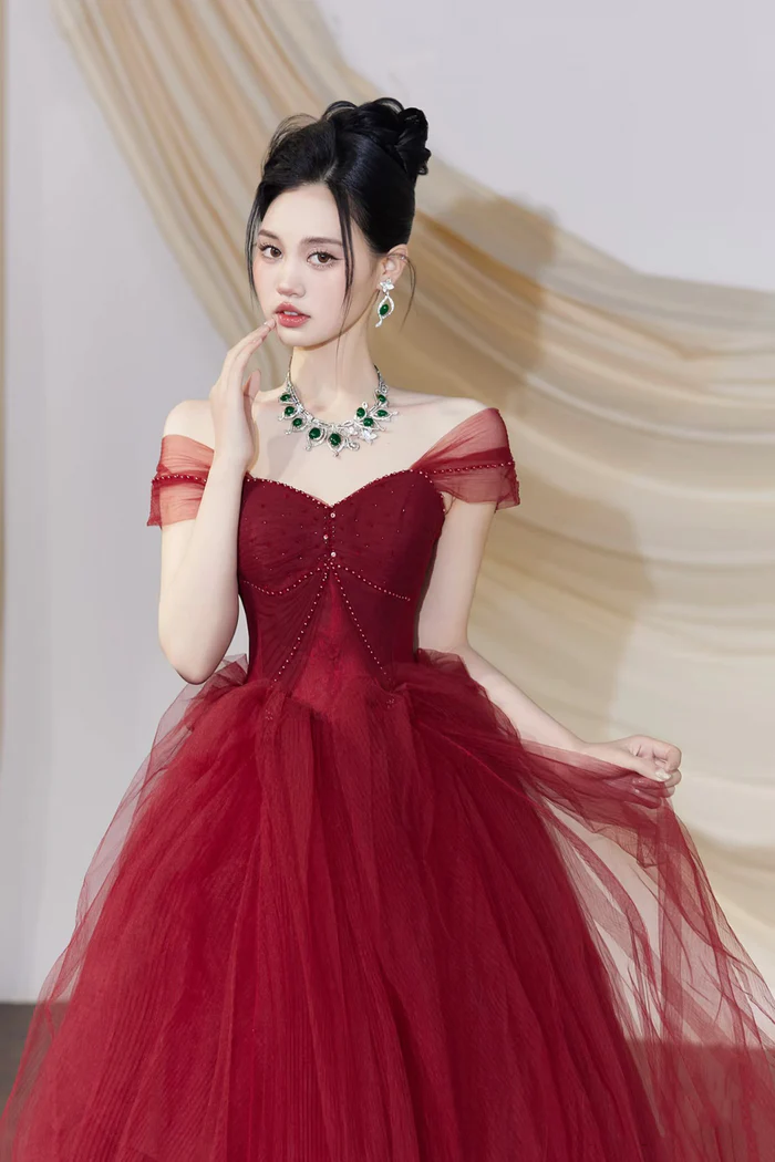 Burgundy Tulle Long Prom Dress Off The Shoulder Evening Dress  P666