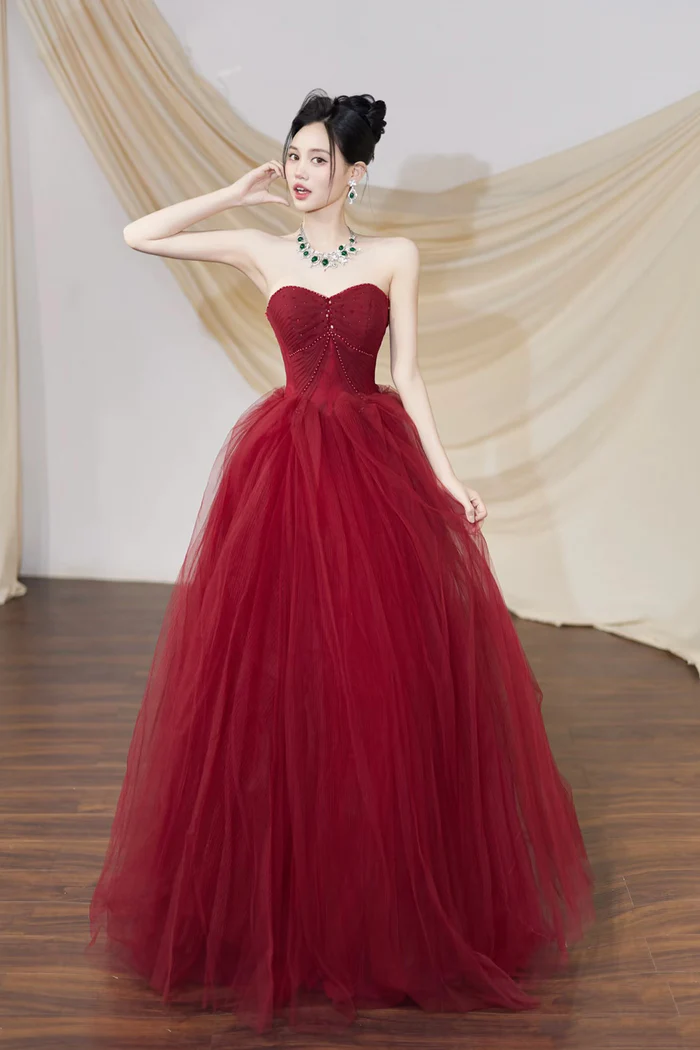 Burgundy Tulle Long Prom Dress Off The Shoulder Evening Dress  P666