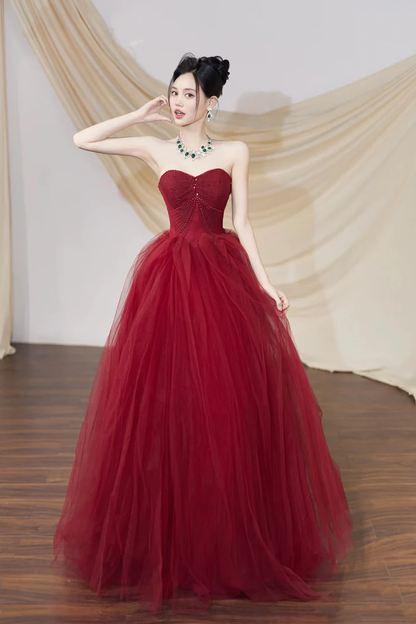 Burgundy Tulle Long Prom Dress Off The Shoulder Evening Dress  P666