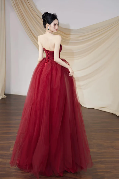 Burgundy Tulle Long Prom Dress Off The Shoulder Evening Dress  P666