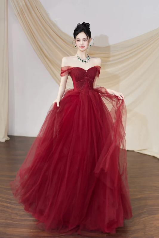 Burgundy Tulle Long Prom Dress Off The Shoulder Evening Dress  P666