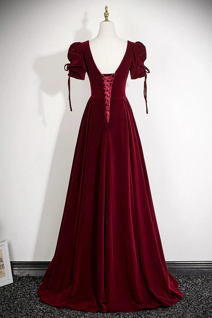 Burgundy Velvet Evening Gown With Puff Sleeves Floor-Length Formal Prom Dress P652