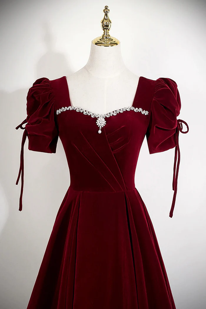 Burgundy Velvet Evening Gown With Puff Sleeves Floor-Length Formal Prom Dress P652
