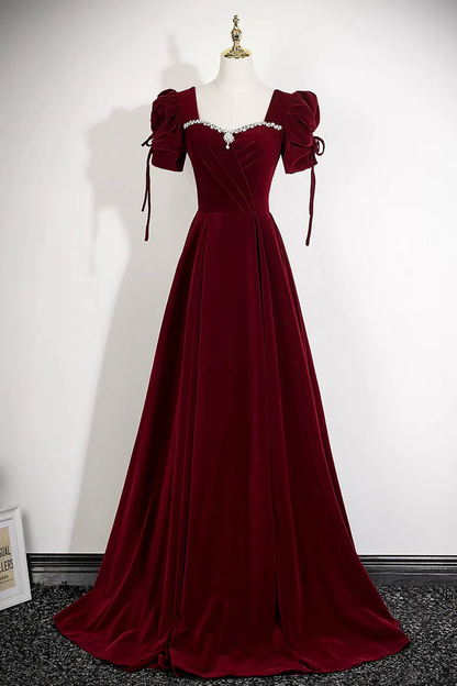 Burgundy Velvet Evening Gown With Puff Sleeves Floor-Length Formal Prom Dress P652