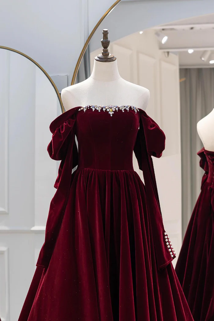 Burgundy Velvet Long Prom Dress Elegant A-Line Party Dress  P662