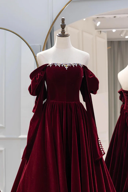 Burgundy Velvet Long Prom Dress Elegant A-Line Party Dress  P662