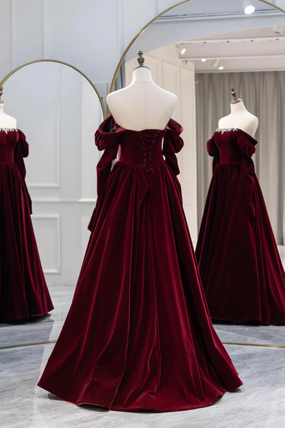 Burgundy Velvet Long Prom Dress Elegant A-Line Party Dress  P662