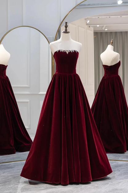 Burgundy Velvet Long Prom Dress Elegant A-Line Party Dress  P662