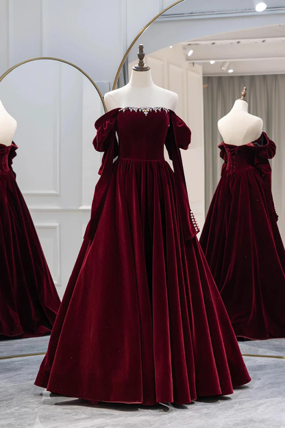 Burgundy Velvet Long Prom Dress Elegant A-Line Party Dress  P662