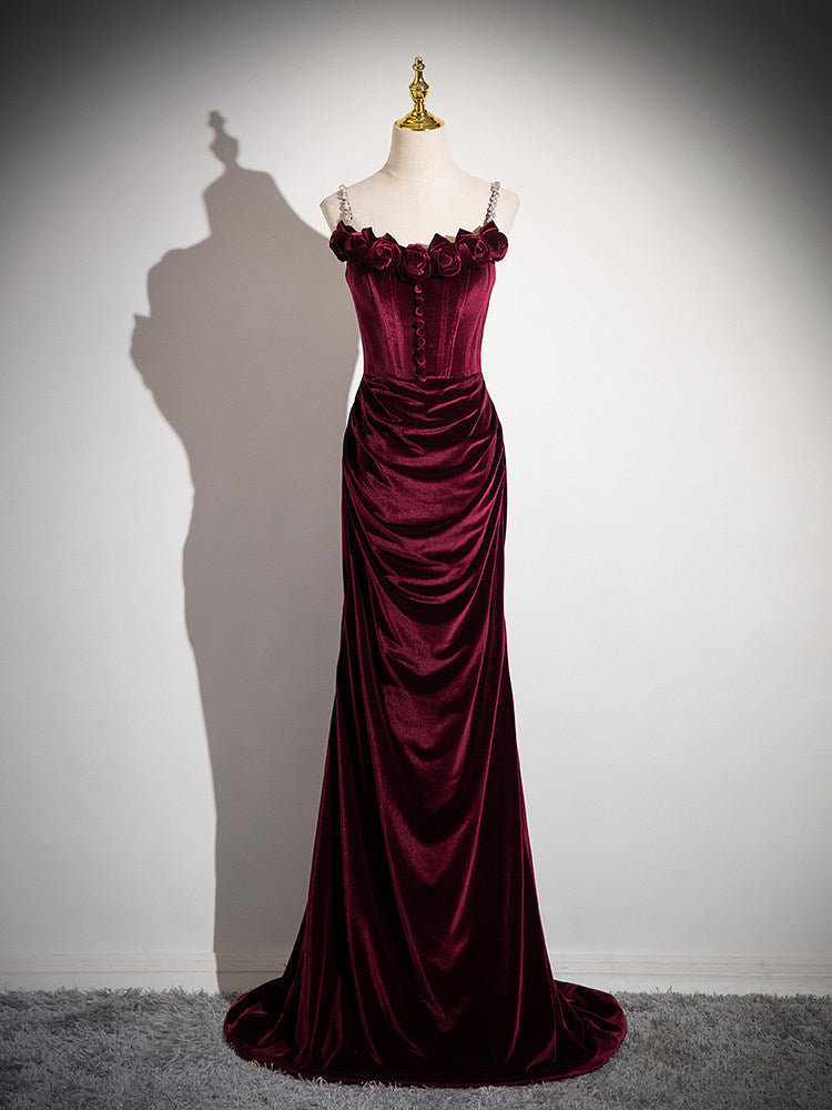 Burgundy Velvet Sheath Prom Dress Formal Evening Gown  P1238
