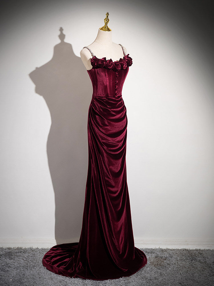 Burgundy Velvet Sheath Prom Dress Formal Evening Gown  P1238